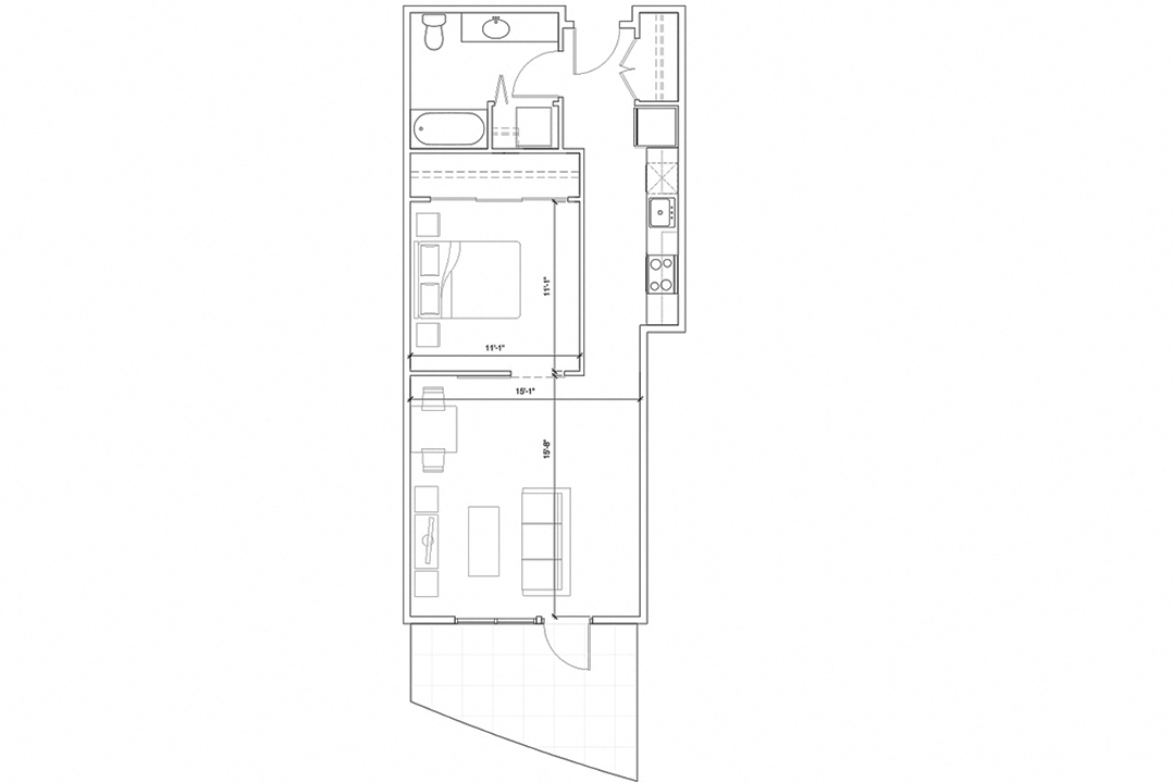 Floor plan for 1 bed, 1 bath, 673 sqft